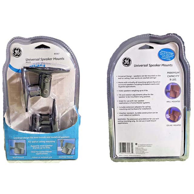 GE Universal Speaker Mount Brackets – Indoor/Outdoor, Supports 9lbs, New Black Mounting Brackets