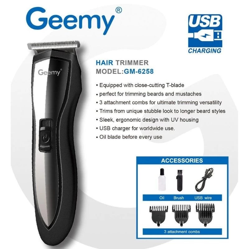 ماكينة حلاقة الشعر القابلة لإعادة الشحن بمنفذ USB Geemy GM-6258 – ماكينة حلاقة احترافية للذقن والشارب والشعر بشفرة T مع 3 أمشاط توجيه