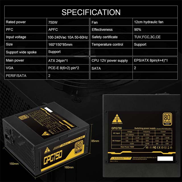 Golden Field GPG750 750W PSU - Full Modular, 80 Plus Gold Certified Power Supply.