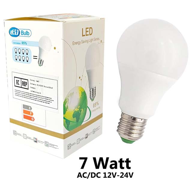 GRV LED E27 Bulb 7W Non-Dimmable – 60W Equivalent 15-5730 SMD, AC/DC 12V/24V Warm White Thermal Plastic Light, Pack of 1