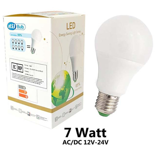 GRV LED E27 Bulb 7W Non-Dimmable – 60W Equivalent 15-5730 SMD, AC/DC 12V/24V Warm White Thermal Plastic Light, Pack of 1