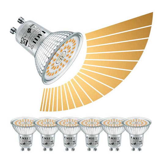 GU10 LED Warm White Spotlight 6 Pack – 6W, 475 Lumens, 2700K, Infinitely Dimmable, Flicker-Free AC 230V, 120° Beam Angle, No Strobe Light