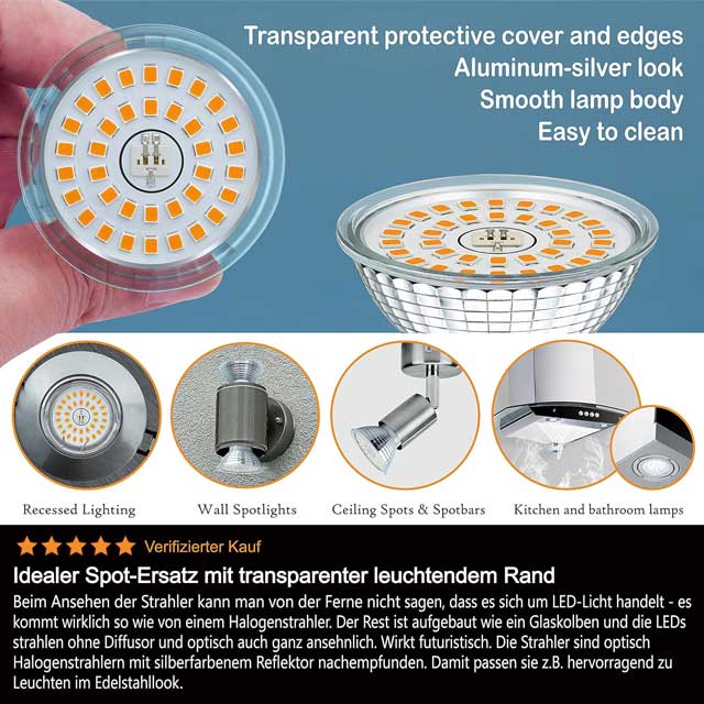 GU10 LED Warm White Spotlight 6 Pack – 6W, 475 Lumens, 2700K, Infinitely Dimmable, Flicker-Free AC 230V, 120° Beam Angle, No Strobe Light