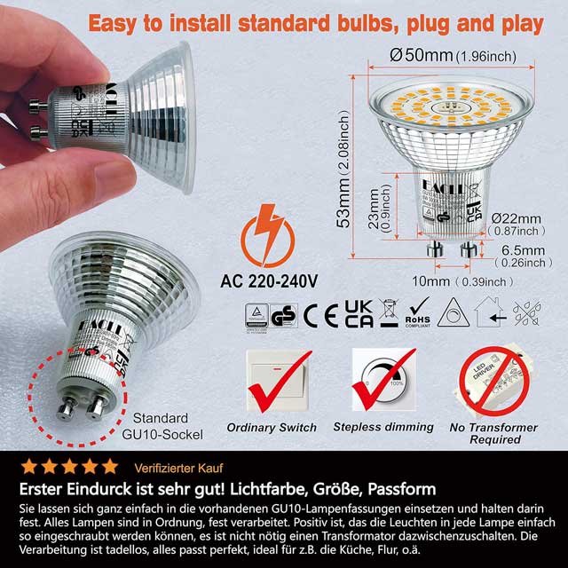 GU10 LED Warm White Spotlight 6 Pack – 6W, 475 Lumens, 2700K, Infinitely Dimmable, Flicker-Free AC 230V, 120° Beam Angle, No Strobe Light