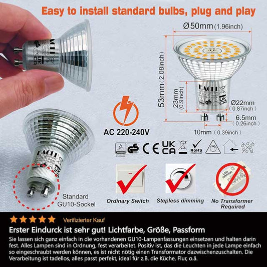 GU10 LED Warm White Spotlight 6 Pack – 6W, 475 Lumens, 2700K, Infinitely Dimmable, Flicker-Free AC 230V, 120° Beam Angle, No Strobe Light