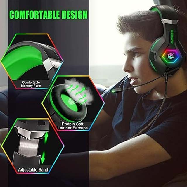 Gaming Headset for PC, PS4, PS5, Xbox – 7.1 Surround Sound, Noise Cancelling Mic, RGB Lights, Over-Ear Headphones – Compatible with Xbox Series X/S, Switch (Green)