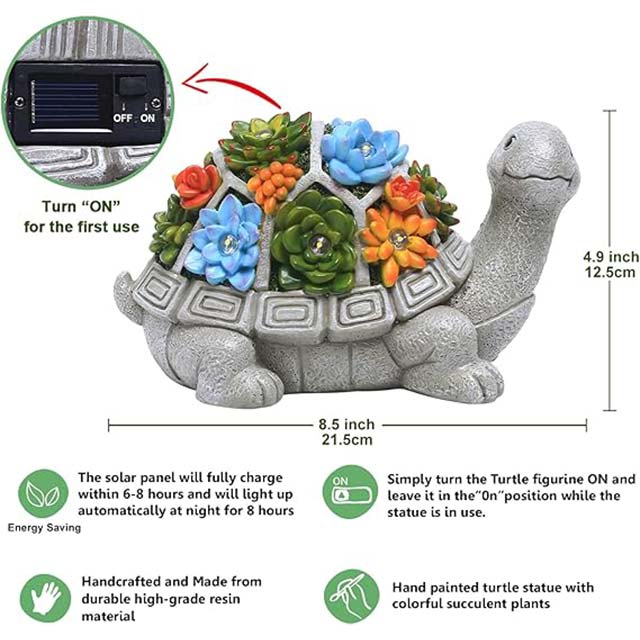 Garden Outdoor Turtle Statue with Succulent &amp; 7 LED Lights – Patio, Yard &amp; Balcony Tortoise Lawn Decor &amp; Unique Housewarming Gift