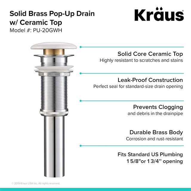 PU-20GWH Gloss White Bathroom Sink Pop-Up Drain with Porcelain Ceramic Top – Overflow-Free Design