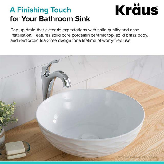 PU-20GWH Gloss White Bathroom Sink Pop-Up Drain with Porcelain Ceramic Top – Overflow-Free Design