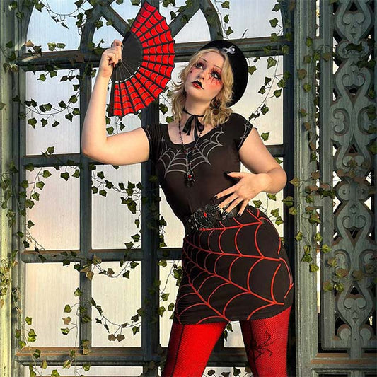 Gothic Scallop Fabric Hand Fan – Intricate Spiderweb Folding Fan for Cosplay, Medieval &amp; Vintage Home Decor