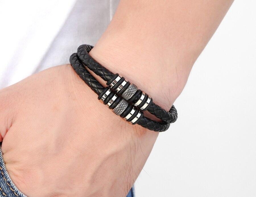 Double Layers Braided Stainless Steel Black Leather Bracelets For Men (EGBT063)