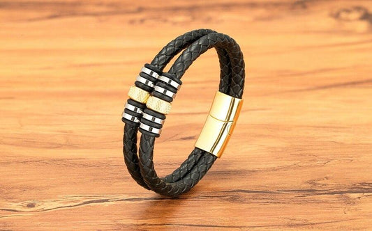 Double Layers Braided Stainless Steel Black Leather Bracelets For Men (EGBT063)