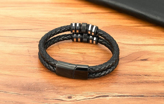 Double Layers Braided Stainless Steel Black Leather Bracelets For Men (EGBT063)