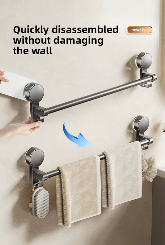 Adjustable Suction Cup Towel Bar – Space Aluminum Extendable Towel Rack – Strong Vacuum Adhesion & Detachable Wall-Mounted Holder for Bathroom and Kitchen