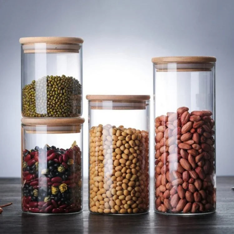 Bocal de conservation en verre de 700 ml avec couvercle en bambou – Récipient de cuisine hermétique pour bonbons, snacks et aliments secs (10 x 12 cm)