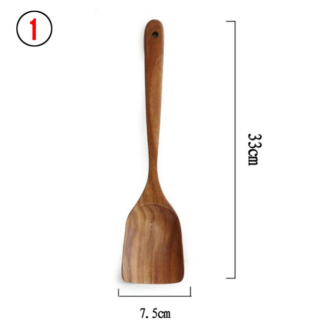 Ensemble de 6 cuillères de cuisine en bois de teck naturel