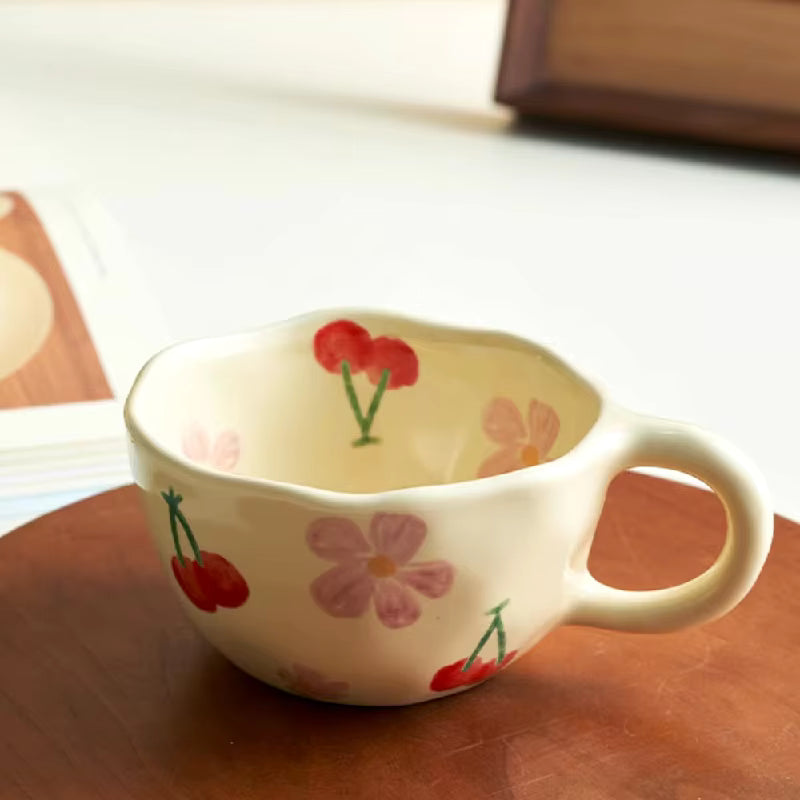 250ml Hand-Painted Ceramic Mug – Korean Style Irregular Flower Coffee Cup –  Aesthetic Oatmeal Breakfast Mug for Milk Tea & Latte – Unique Artisanal Gift