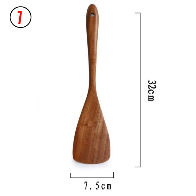 Ensemble de 6 cuillères de cuisine en bois de teck naturel