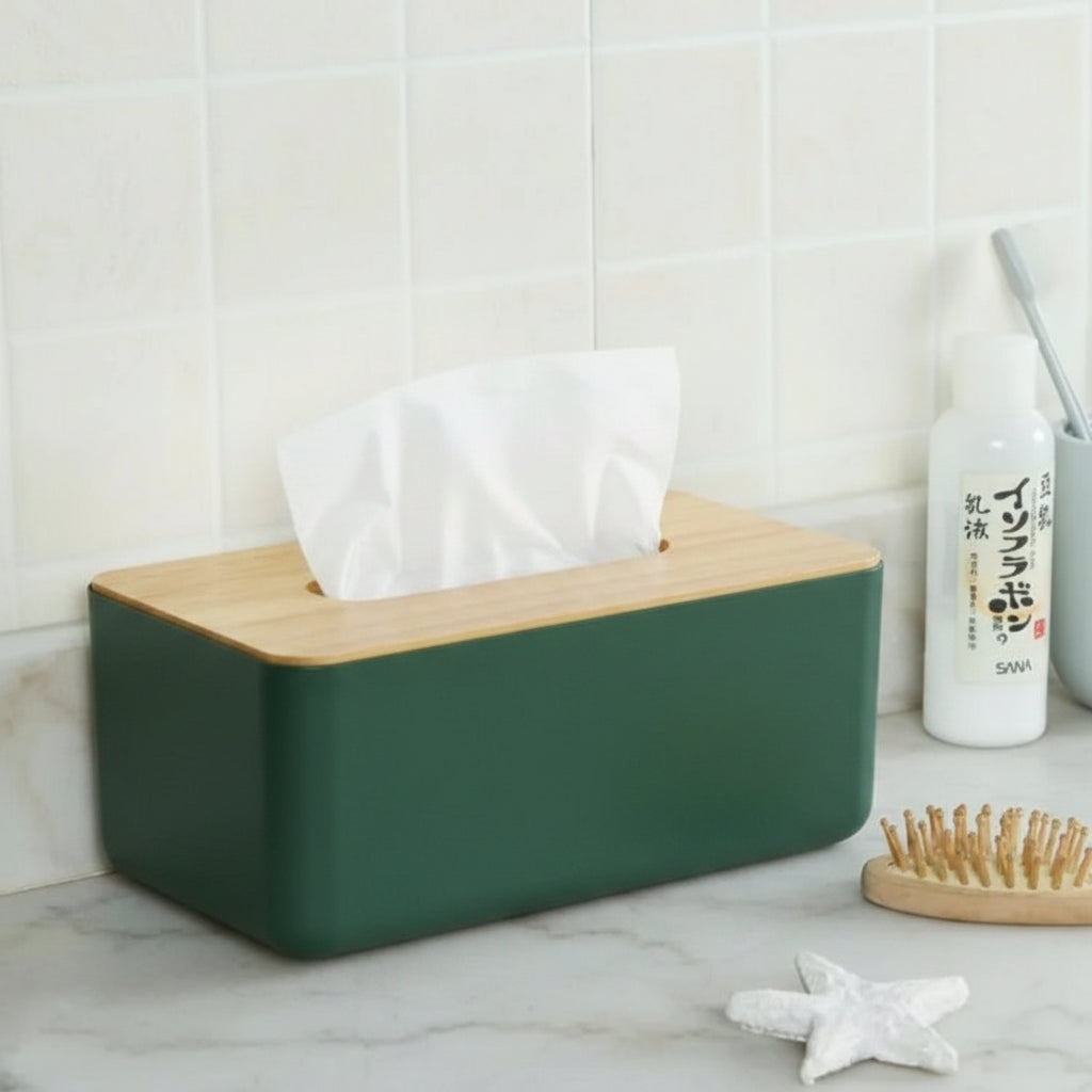 Boîte à mouchoirs moderne en plastique avec couvercle en bois – Organiseur de serviettes et lingettes humides pour la maison, le bureau et la voiture