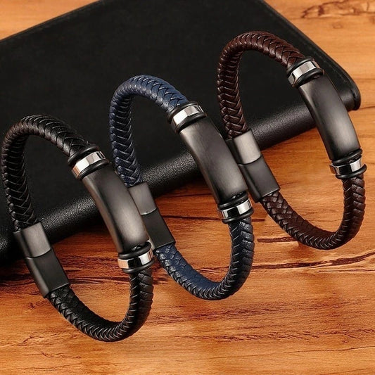 Leather and Stainless Steel Combination Three Colors Men's Bracelet (EGBT136)