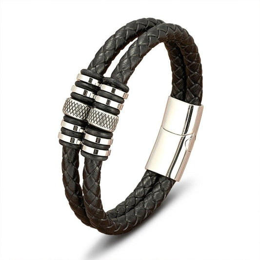 Double Layers Braided Stainless Steel Black Leather Bracelets For Men (EGBT063)