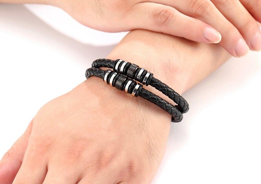 Double Layers Braided Stainless Steel Black Leather Bracelets For Men (EGBT063)