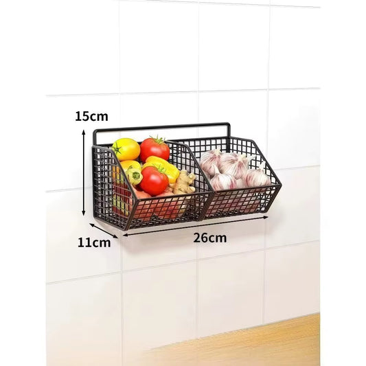 Wall Mounted Metal Wire Kitchen Storage Basket | Durable Spice, Garlic & Onion Organizer | Hanging Vegetable & Produce Rack for Pantry