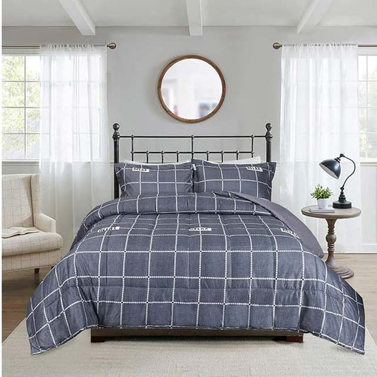 HIG Geometric Check Comforter Set – 3-Piece Reversible Grey Plaid Bedding for Queen & King Beds