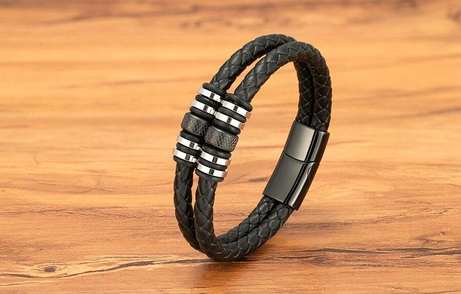 Double Layers Braided Stainless Steel Black Leather Bracelets For Men (EGBT063)