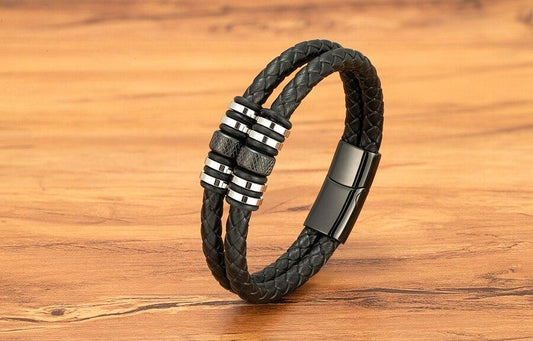 Double Layers Braided Stainless Steel Black Leather Bracelets For Men (EGBT063)