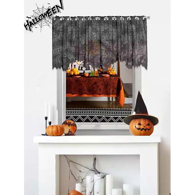 Halloween Short Curtain with Bat &amp; Spider Design – Spooky Window, Living Room &amp; Bedroom Holiday Décor