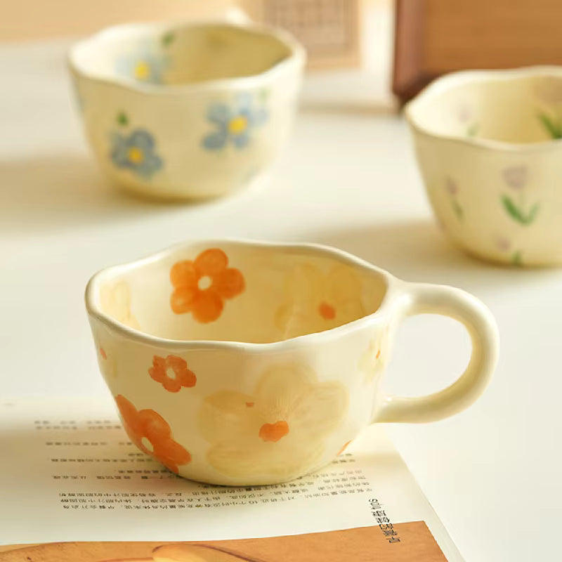 250ml Hand-Painted Ceramic Mug – Korean Style Irregular Flower Coffee Cup –  Aesthetic Oatmeal Breakfast Mug for Milk Tea & Latte – Unique Artisanal Gift