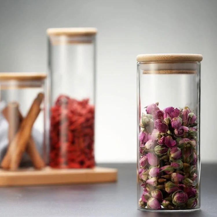 Bocal de conservation en verre de 700 ml avec couvercle en bambou – Récipient de cuisine hermétique pour bonbons, snacks et aliments secs (10 x 12 cm)