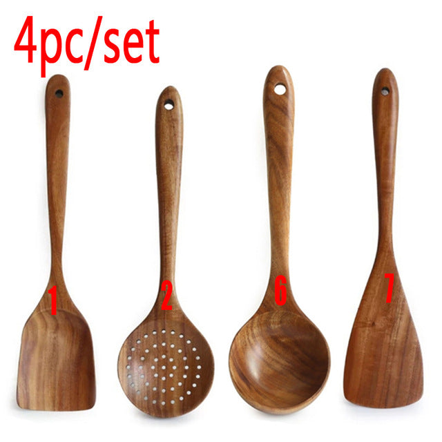 Ensemble de 6 cuillères de cuisine en bois de teck naturel