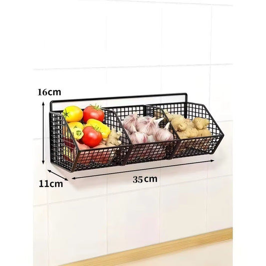 Wall Mounted Metal Wire Kitchen Storage Basket | Durable Spice, Garlic & Onion Organizer | Hanging Vegetable & Produce Rack for Pantry