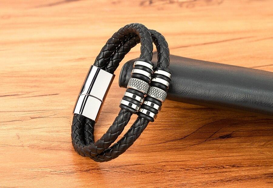 Double Layers Braided Stainless Steel Black Leather Bracelets For Men (EGBT063)