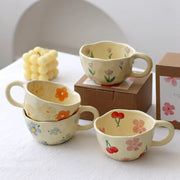 250ml Hand-Painted Ceramic Mug – Korean Style Irregular Flower Coffee Cup –  Aesthetic Oatmeal Breakfast Mug for Milk Tea & Latte – Unique Artisanal Gift