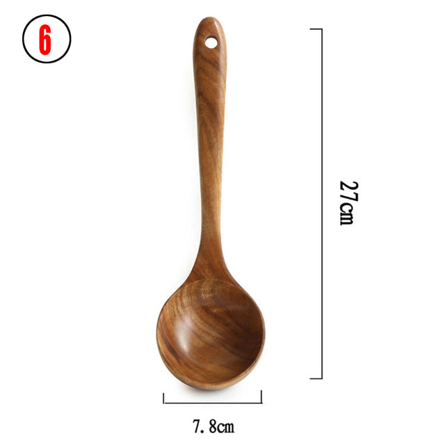 Ensemble de 6 cuillères de cuisine en bois de teck naturel