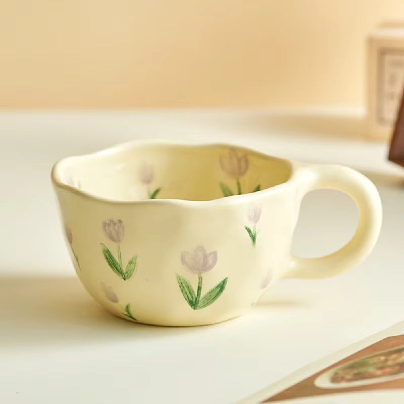 250ml Hand-Painted Ceramic Mug – Korean Style Irregular Flower Coffee Cup –  Aesthetic Oatmeal Breakfast Mug for Milk Tea & Latte – Unique Artisanal Gift