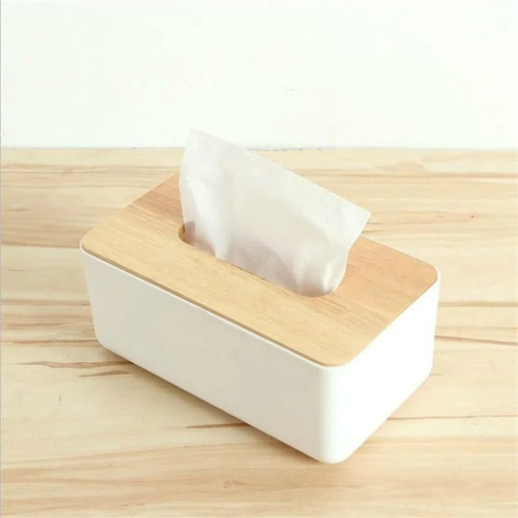 Modern Plastic Tissue Box with Wooden Lid – Napkin & Wet Wipes Storage Organizer for Home, Office & Car