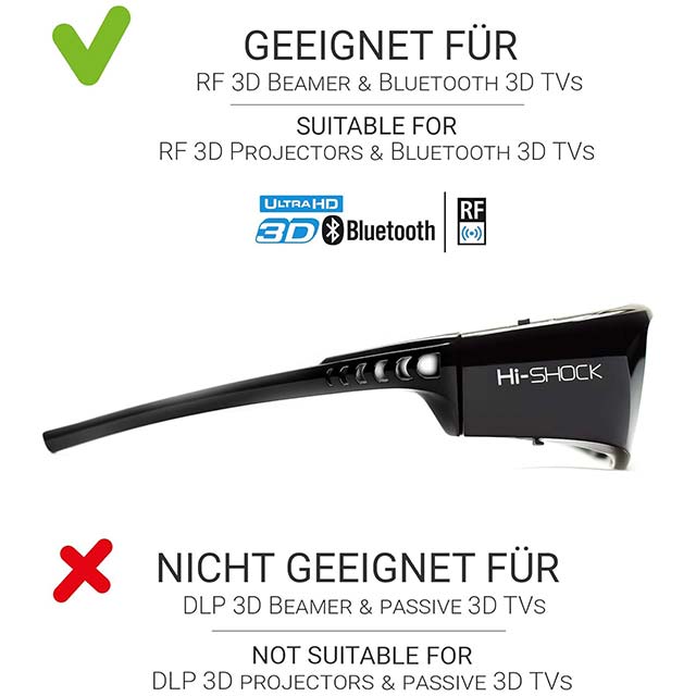 Hi-SHOCK BT Pro Black Diamond 3D Glasses - Bluetooth Series, 3D DLP LINK, UltraHD Viewing, Compatible with Sony, Samsung, Panasonic, Sharp, Toshiba &amp; LG 3D TVs