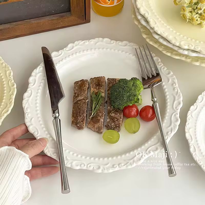 High-End Relief Dining Plate - Light Luxury Ceramic French Style Dessert & Western Cuisine Plate