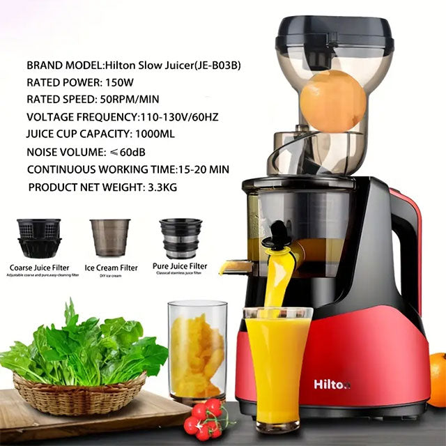 Hilton Cold Press Slow Juicer – Masticating Juice Extractor for Fruits & Vegetables, US Plug