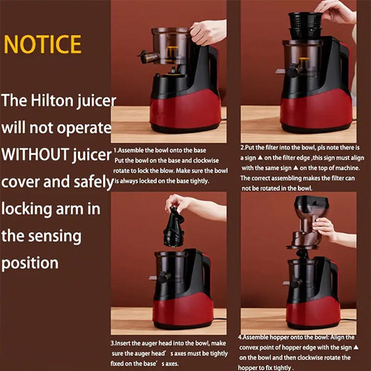 Hilton Cold Press Slow Juicer – Masticating Juice Extractor for Fruits & Vegetables, US Plug