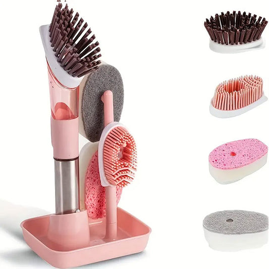 Household Pot Brush with 4 Replacement Heads – Long Handle Kitchen Cleaning Brush for Dishwashing, Grease & Stain Removal – Easy-to-Use Scrubber for Pots & Pans