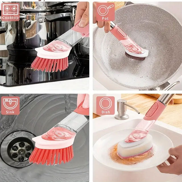Household Pot Brush with 4 Replacement Heads – Long Handle Kitchen Cleaning Brush for Dishwashing, Grease & Stain Removal – Easy-to-Use Scrubber for Pots & Pans