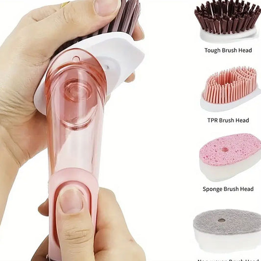 Household Pot Brush with 4 Replacement Heads – Long Handle Kitchen Cleaning Brush for Dishwashing, Grease & Stain Removal – Easy-to-Use Scrubber for Pots & Pans