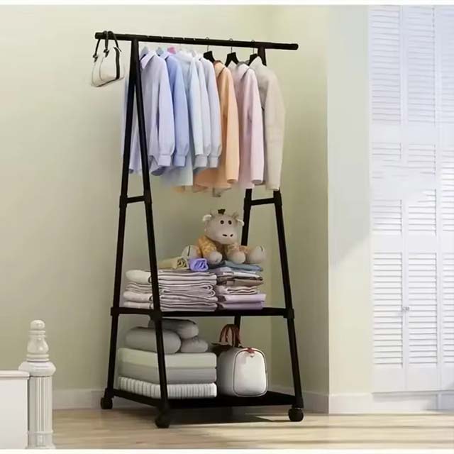 Portable Triangle Clothes Rack – Mobile Floor-Standing Hanger with Shelves & Wheels for Bedroom Storage