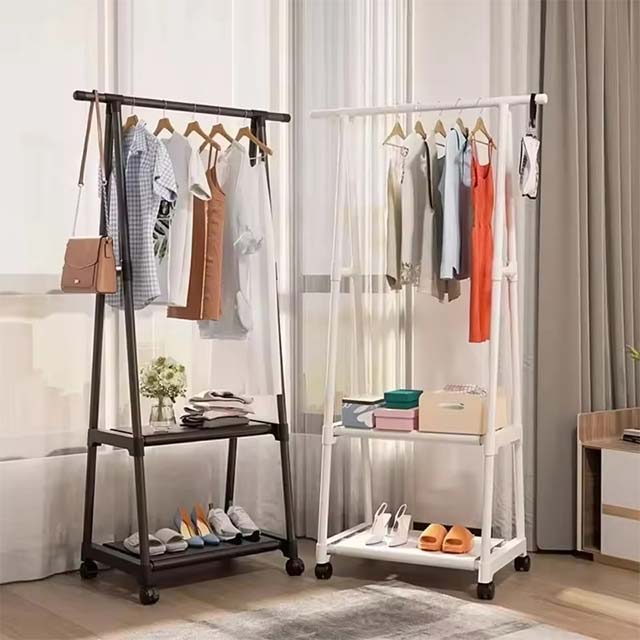 Portable Triangle Clothes Rack – Mobile Floor-Standing Hanger with Shelves & Wheels for Bedroom Storage