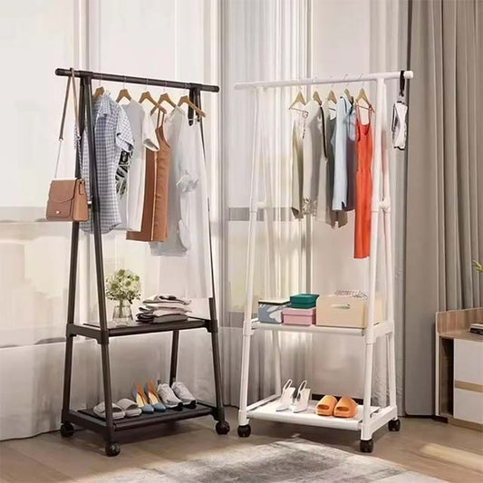 Portable Triangle Clothes Rack – Mobile Floor-Standing Hanger with Shelves & Wheels for Bedroom Storage